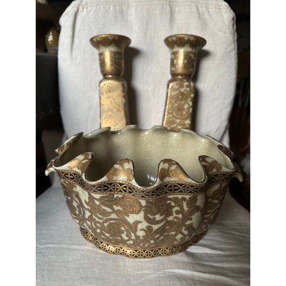 Vintage Chinese set Pair Hand Painted Candle Holders Candlestick gold bowl Asian - Picture 14 of 16